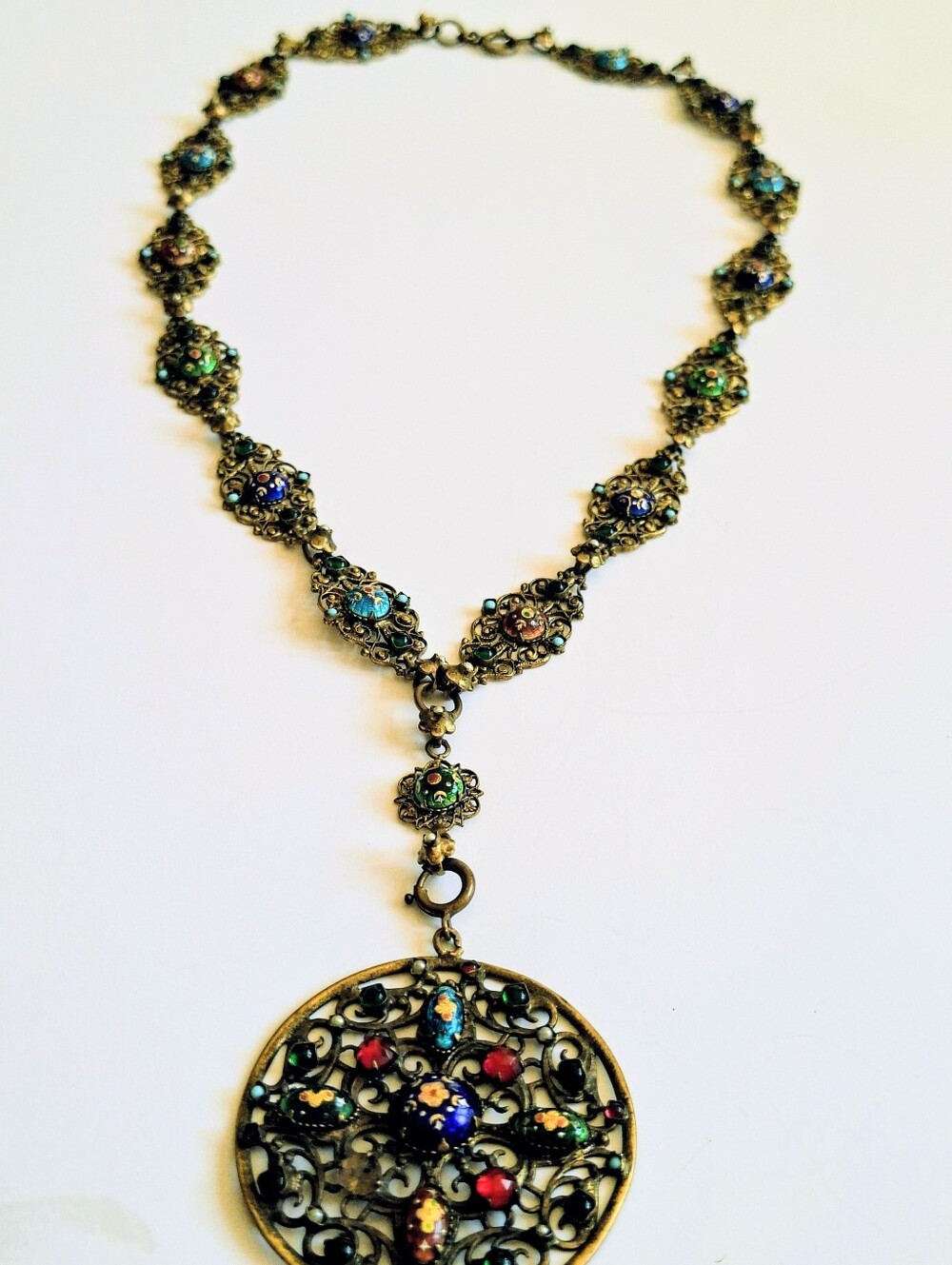 Vintage Austrian "Medallian" Style Filigree Necklace With Enamel And Rhinestones